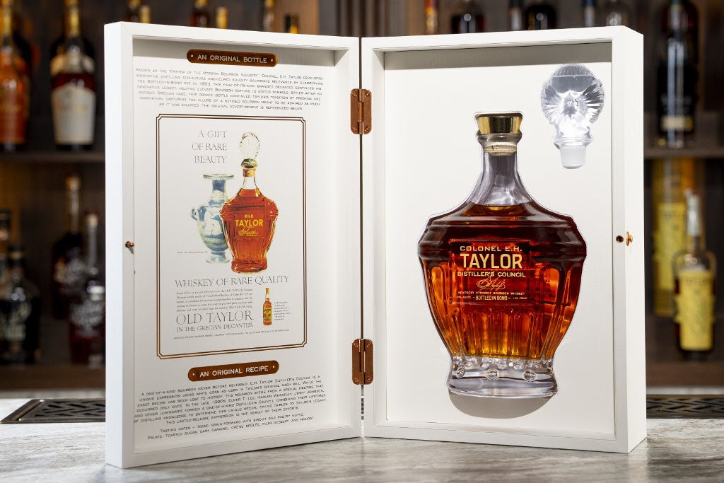 A Colonel E.H. Taylor bourbon bottle presented in its gift box