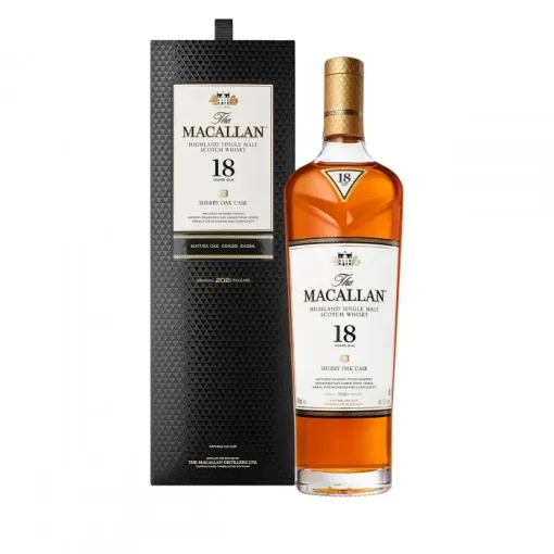 Macallan 18 Year Old Sherry Oak single malt Scotch whisky bottle and box